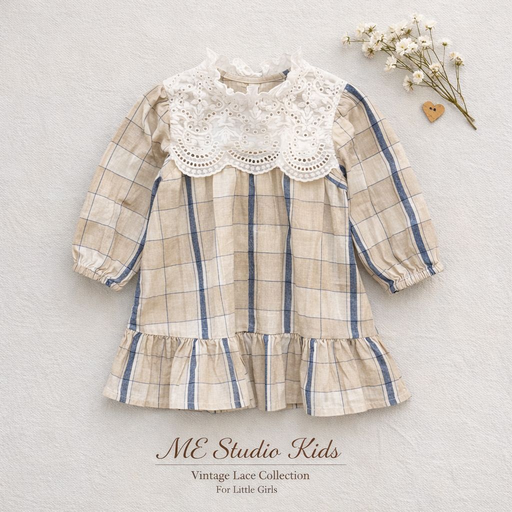 Plaid Lace Collar Long-Sleeve Dress M.E Studio Kids