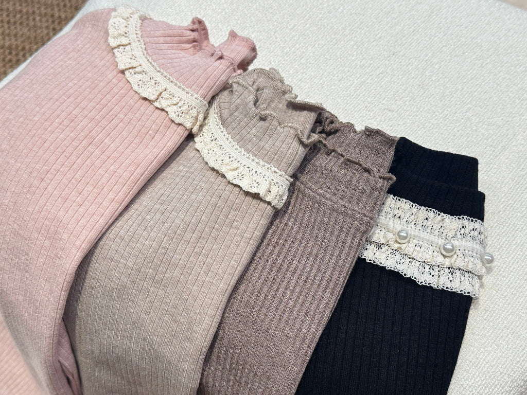 Soft Ribbed Lace Collar Top M.E Studio Kids