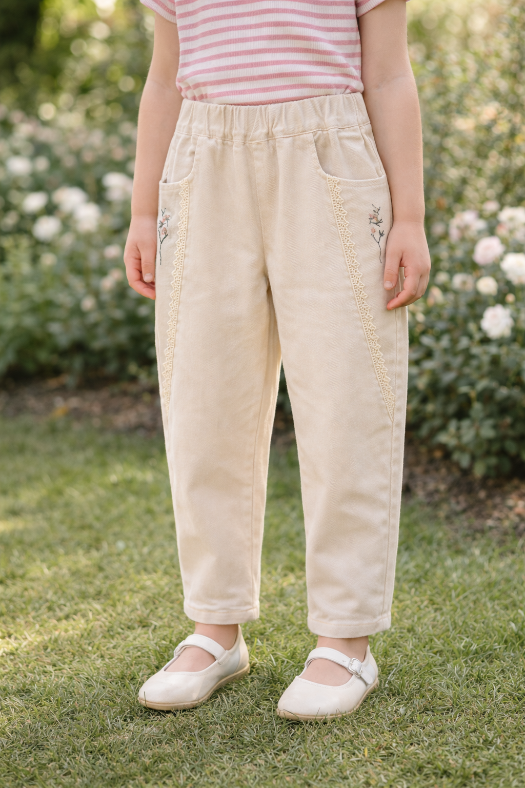 Girls Lace-Trim Embroidered Tapered Pants M.E Studio Kids