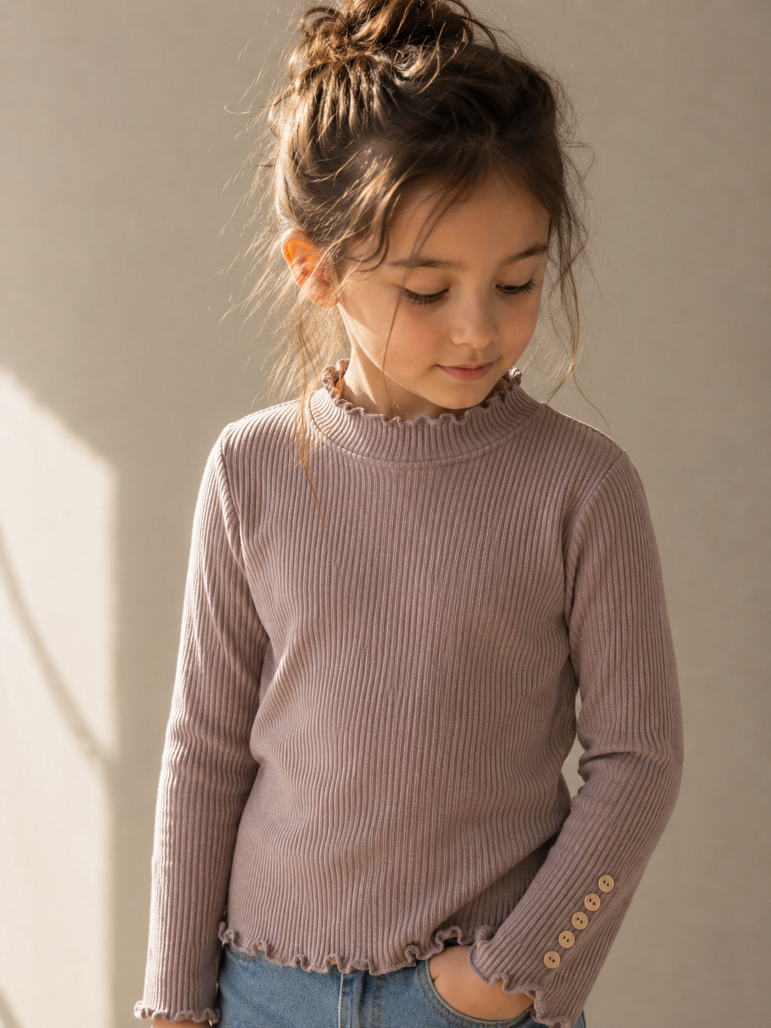 Soft Lace Trim Ribbed Mock Neck Top M.E Studio Kids