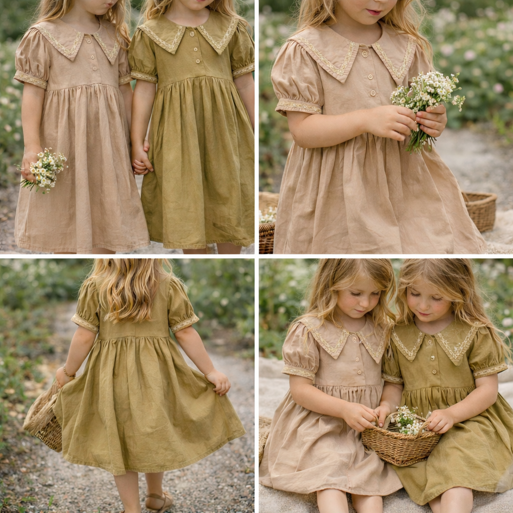 Woodland Lace Trim Puff-Sleeve Dress M.E Studio Kids
