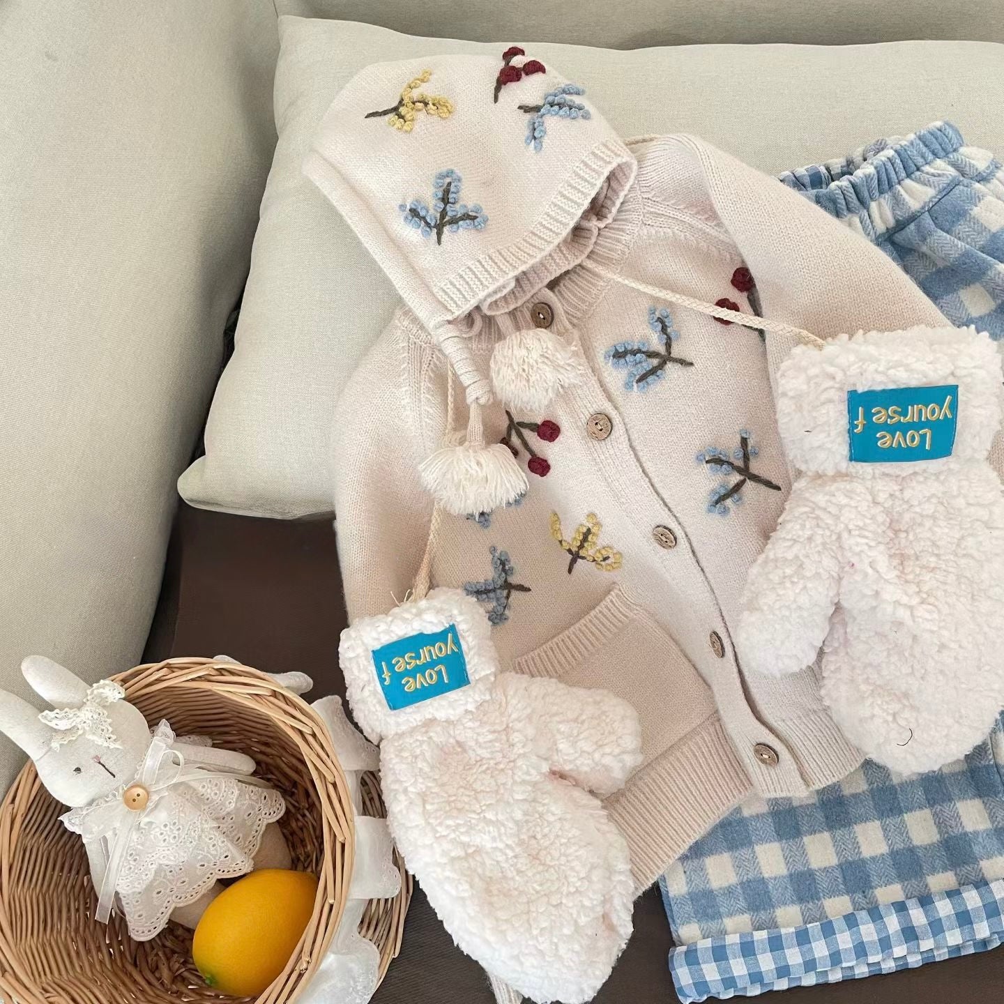 Embroidered Knit Cardigan & Hat