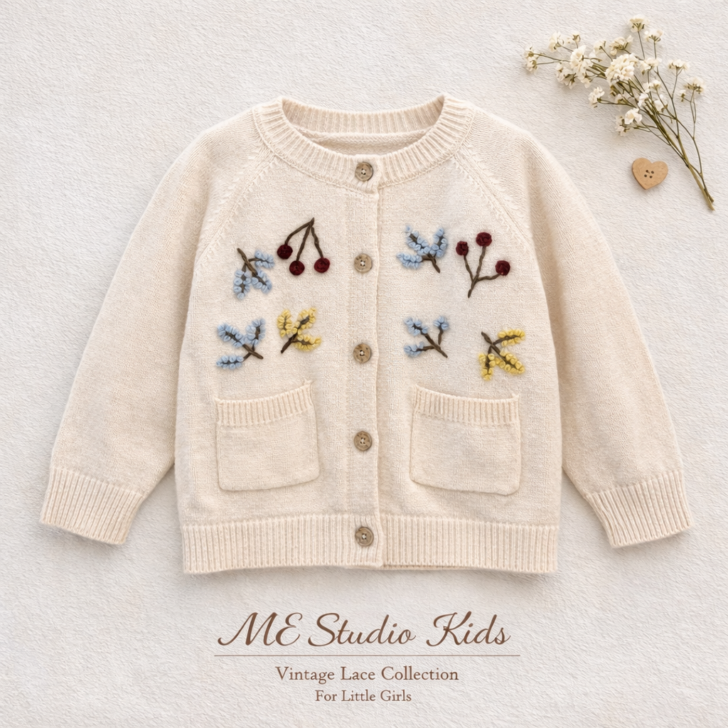 Embroidered Knit Cardigan & Hat M.E Studio Kids