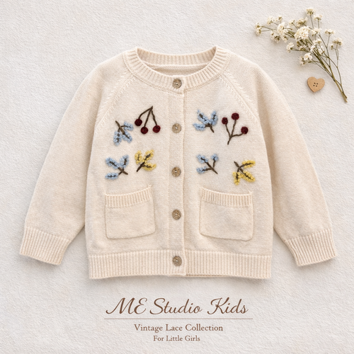 Embroidered Knit Cardigan & Hat M.E Studio Kids