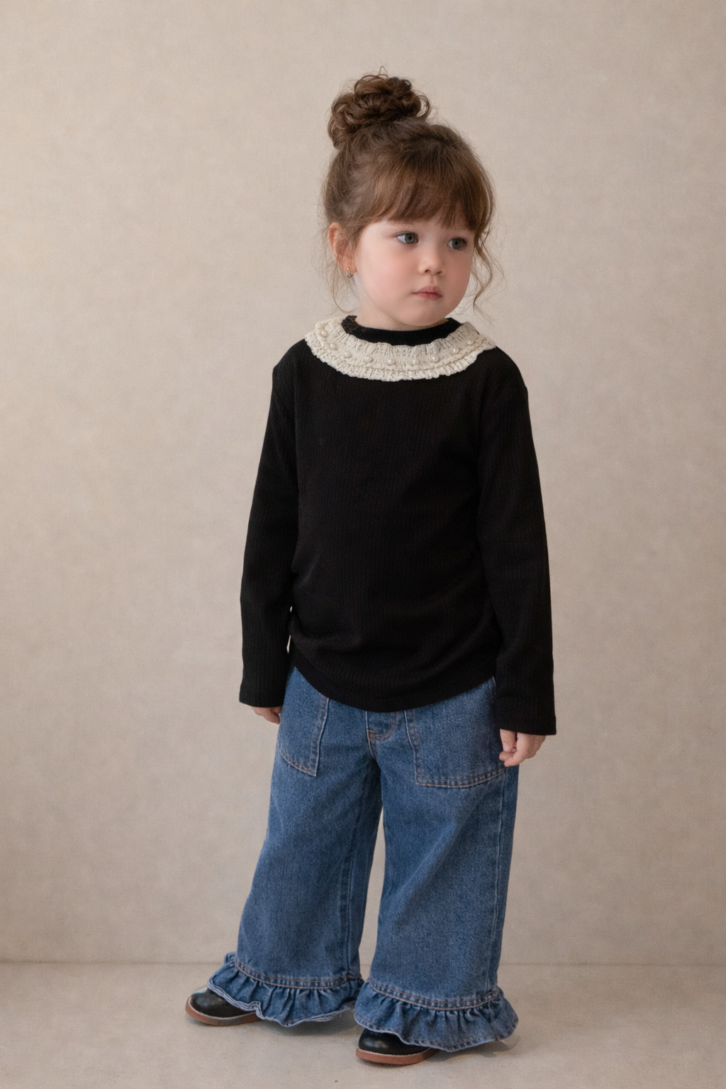 Pearl Trim Ribbed Mock Neck Top M.E Studio Kids