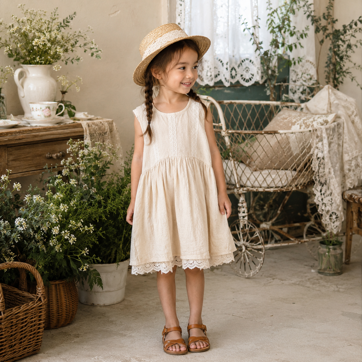 Creamy Vintage Lace Layered Dress M.E Studio Kids