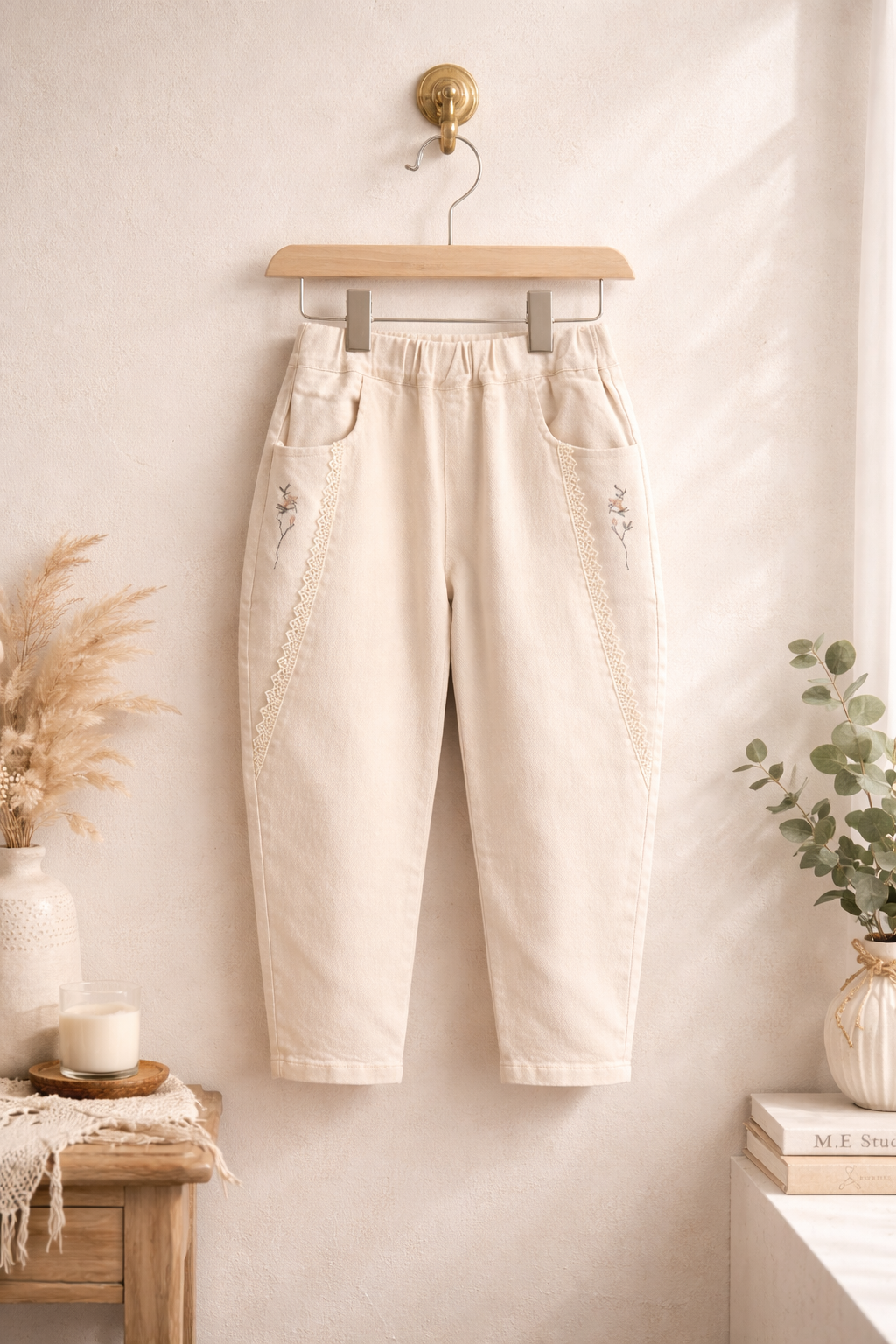 Girls Lace-Trim Embroidered Tapered Pants M.E Studio Kids