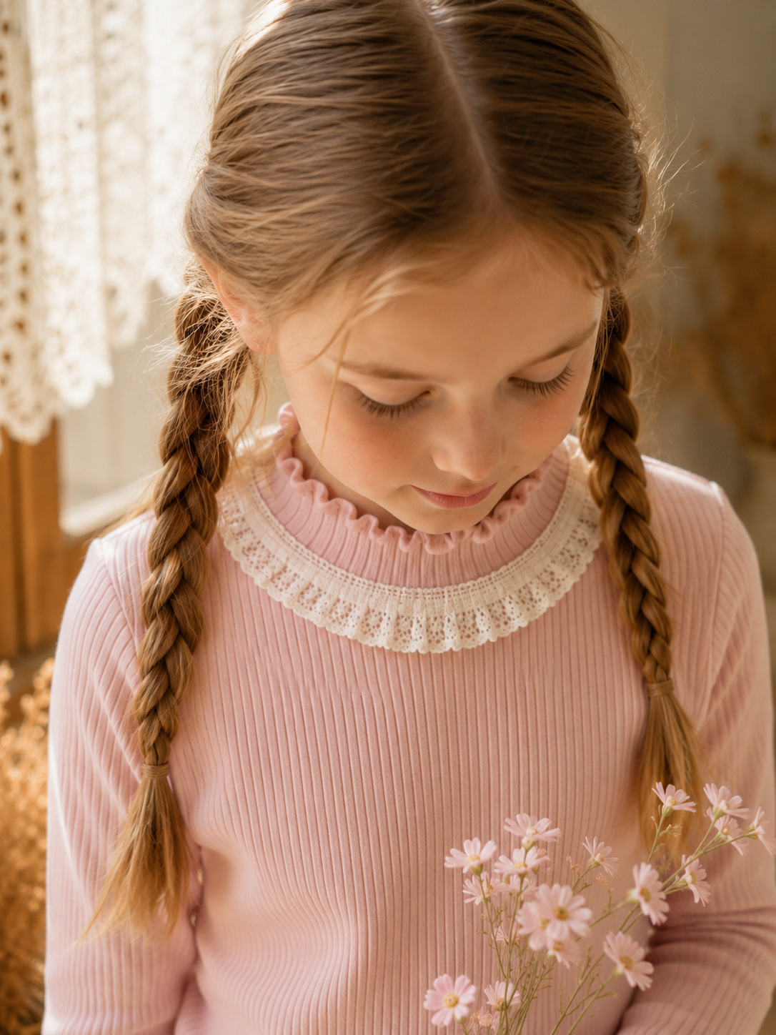 Soft Ribbed Lace Collar Top M.E Studio Kids