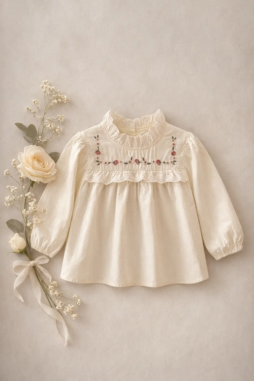 Cream Floral Embroidered Blouse M.E Studio Kids