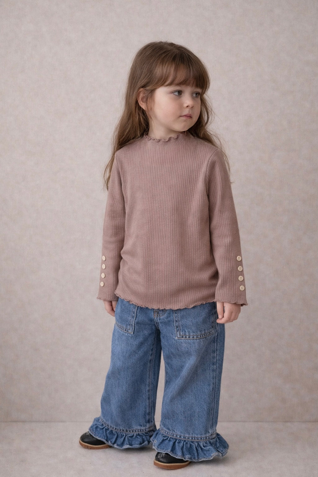 Soft Lace Trim Ribbed Mock Neck Top M.E Studio Kids