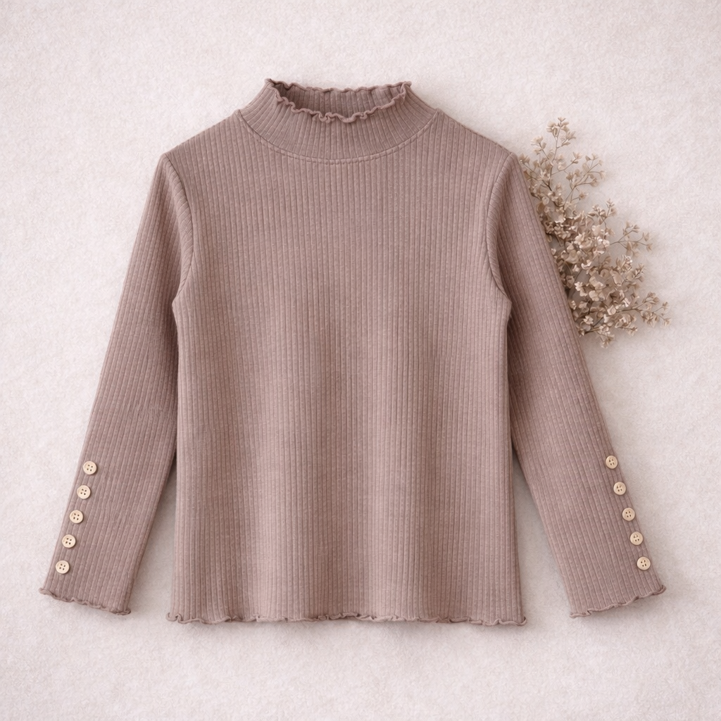 Soft Lace Trim Ribbed Mock Neck Top M.E Studio Kids