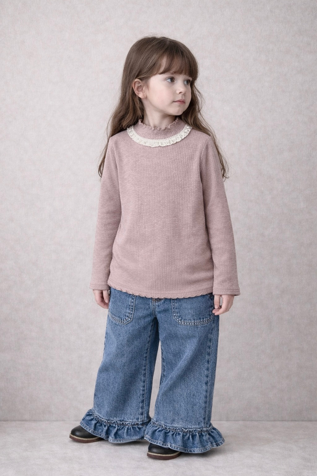 Soft Ribbed Lace Collar Top M.E Studio Kids