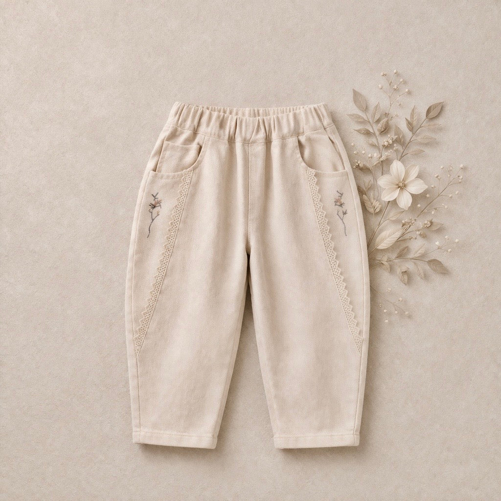 Girls Lace-Trim Embroidered Tapered Pants M.E Studio Kids