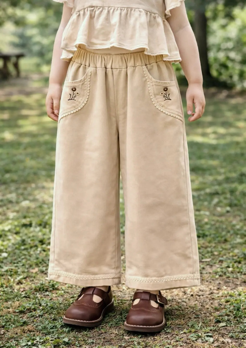 Embroidered Lace-Trim Wide-Leg Pants M.E Studio Kids