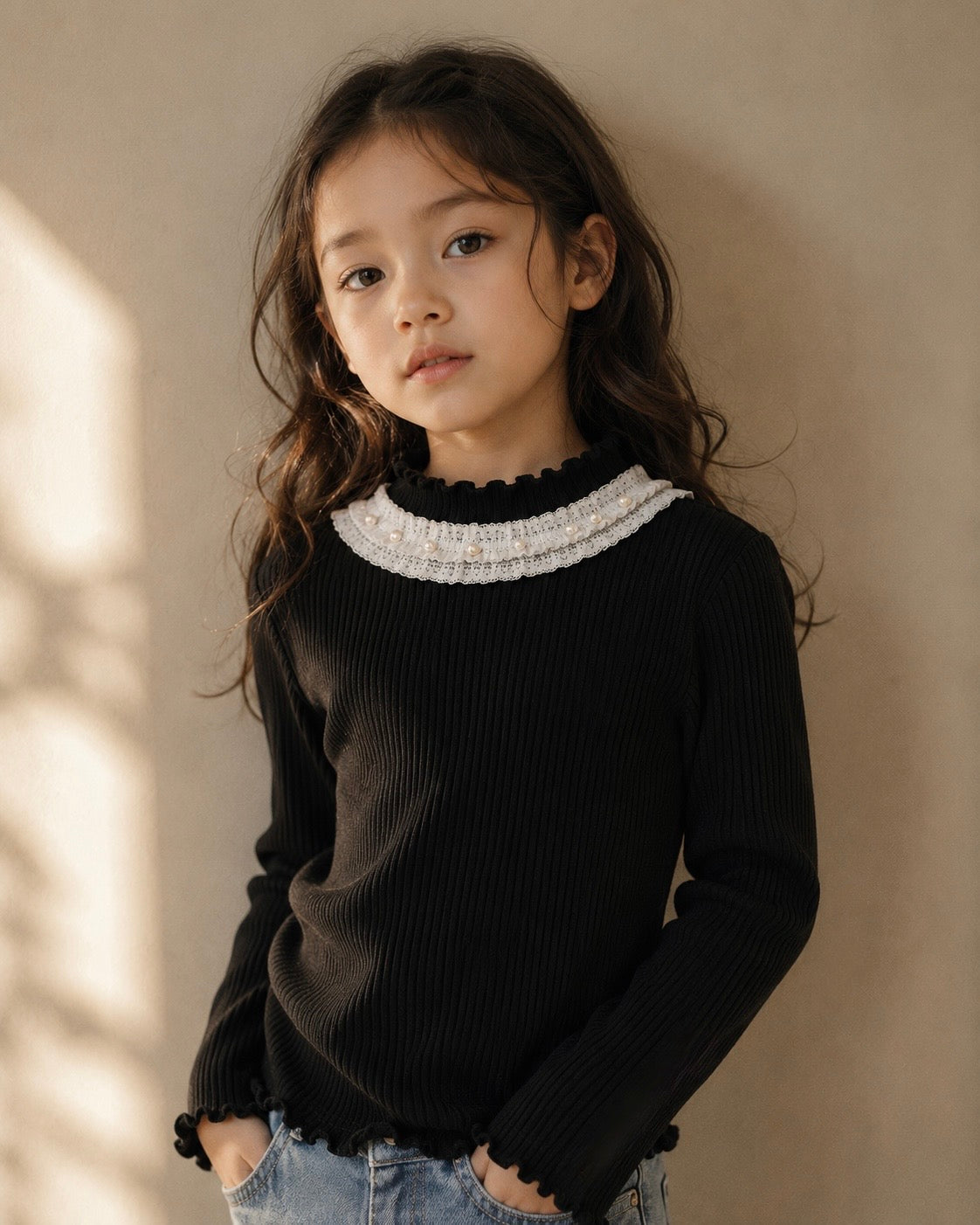 Pearl Trim Ribbed Mock Neck Top M.E Studio Kids