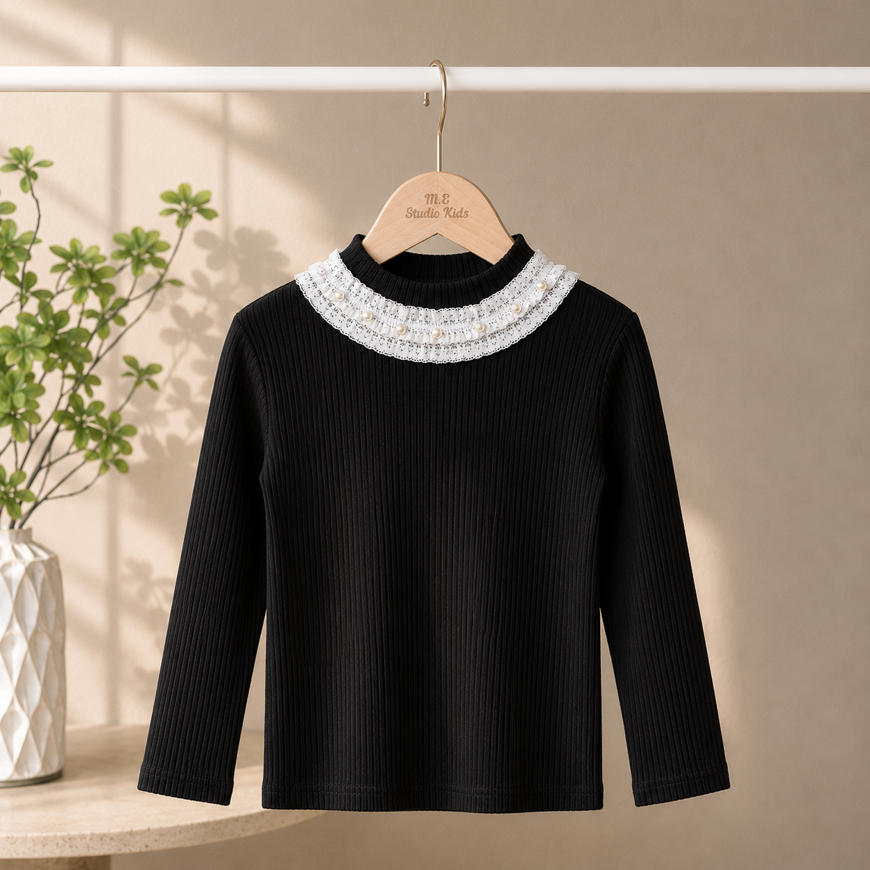 Pearl Trim Ribbed Mock Neck Top M.E Studio Kids