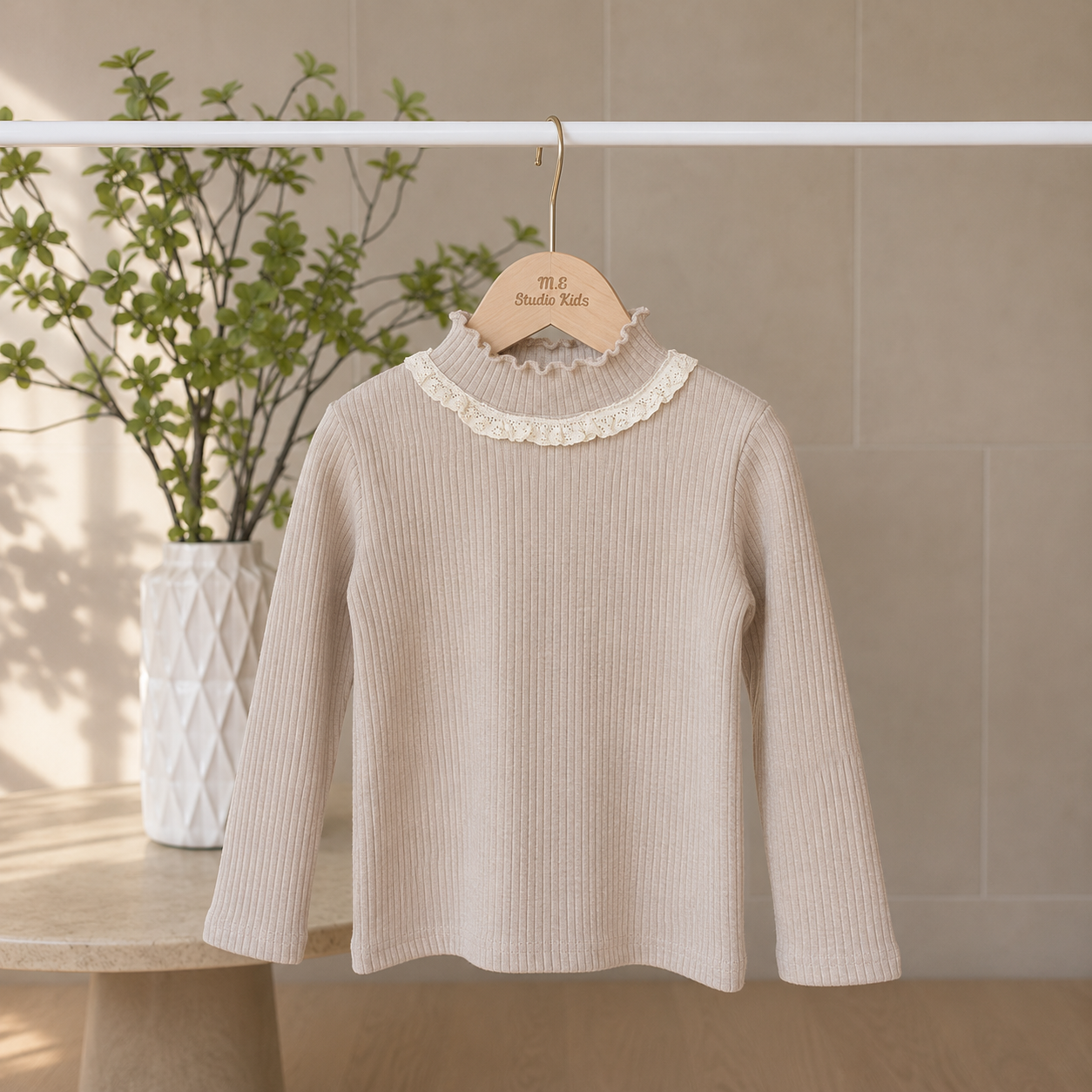 Soft Ribbed Lace Collar Top M.E Studio Kids