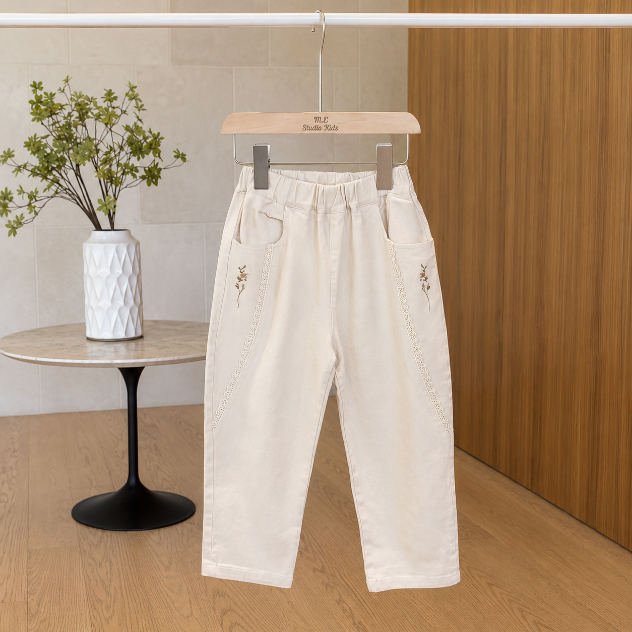 Girls Lace-Trim Embroidered Tapered Pants M.E Studio Kids