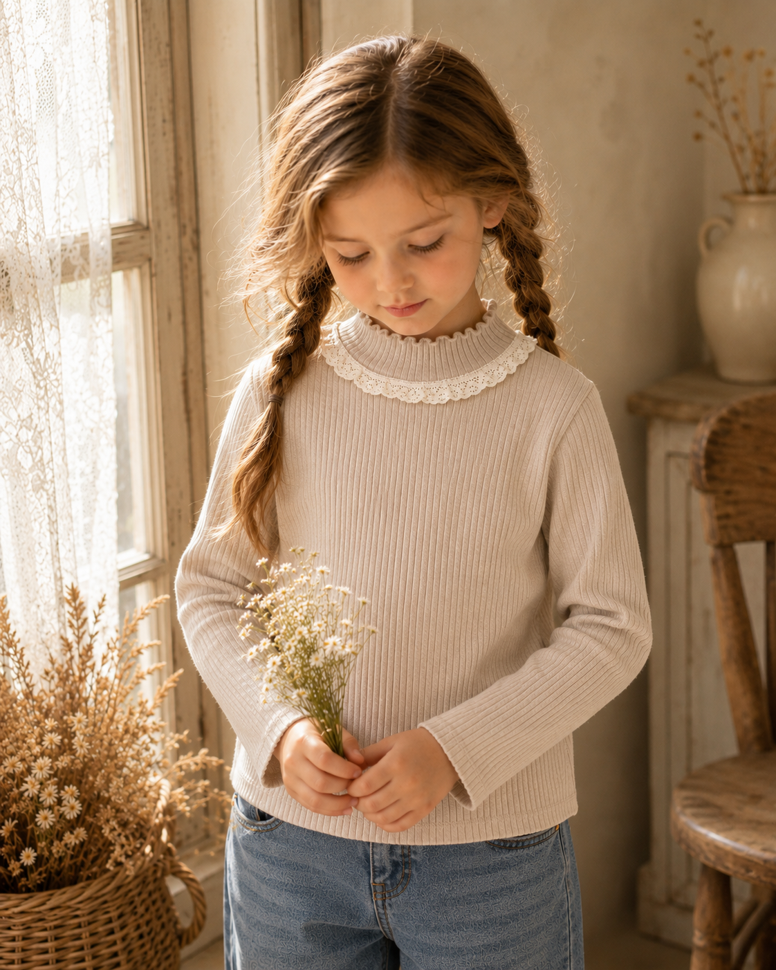 Soft Ribbed Lace Collar Top M.E Studio Kids