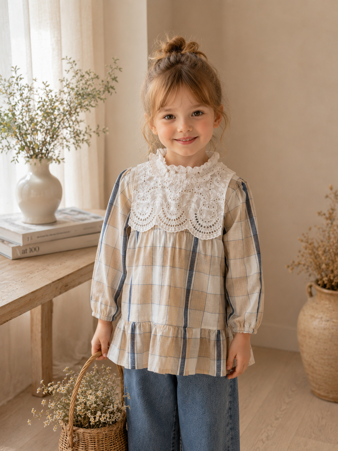 Plaid Lace Collar Long-Sleeve Dress M.E Studio Kids