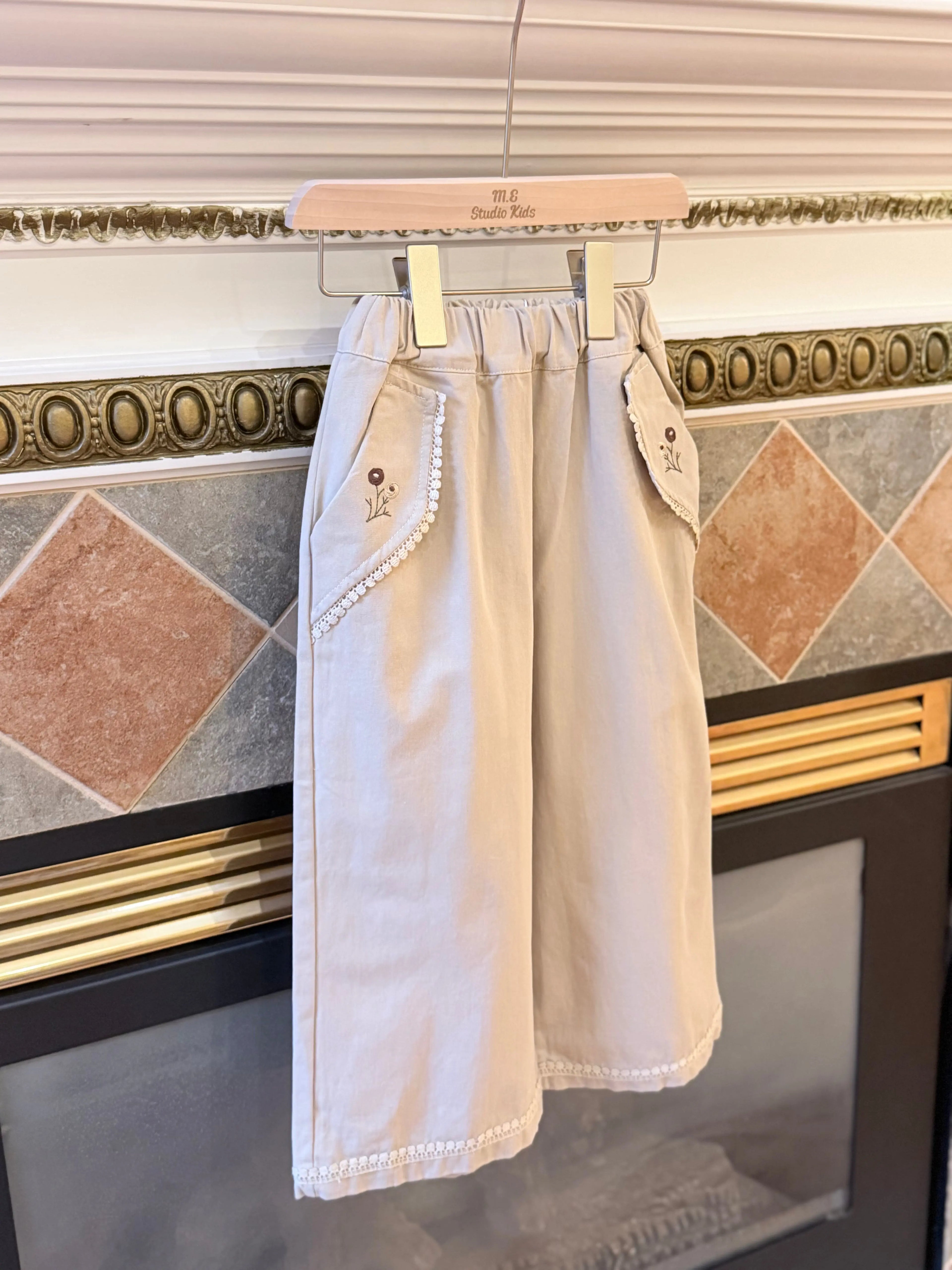Embroidered Lace-Trim Wide-Leg Pants M.E Studio Kids